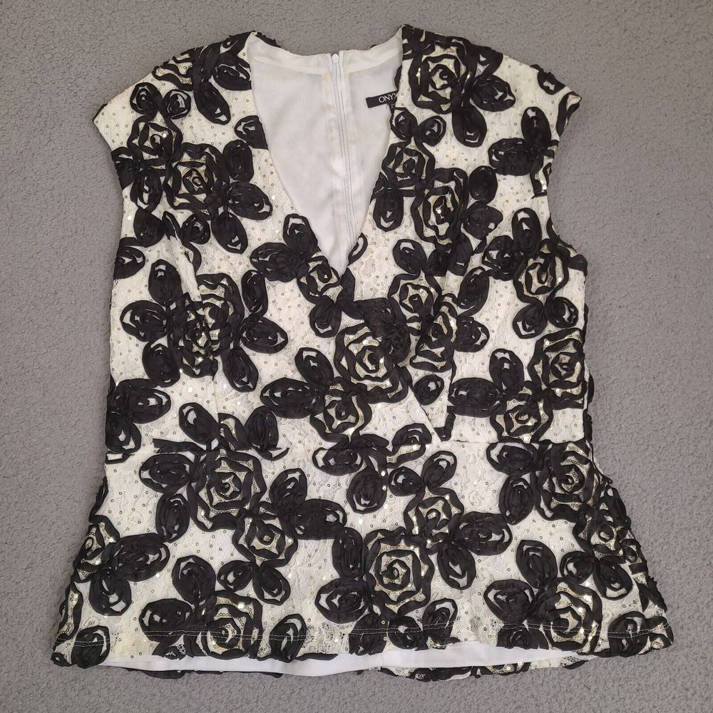 Onyx Nite Blouse Sleeveless Womens XL White Black Floral Sequin Lace Sheer Lined